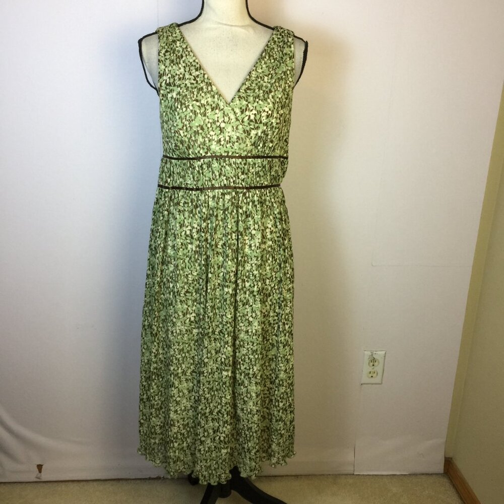 Dressbarn Midi A-line Dress Size 8 Womans Green Brown Floral Sleeveless V-neck